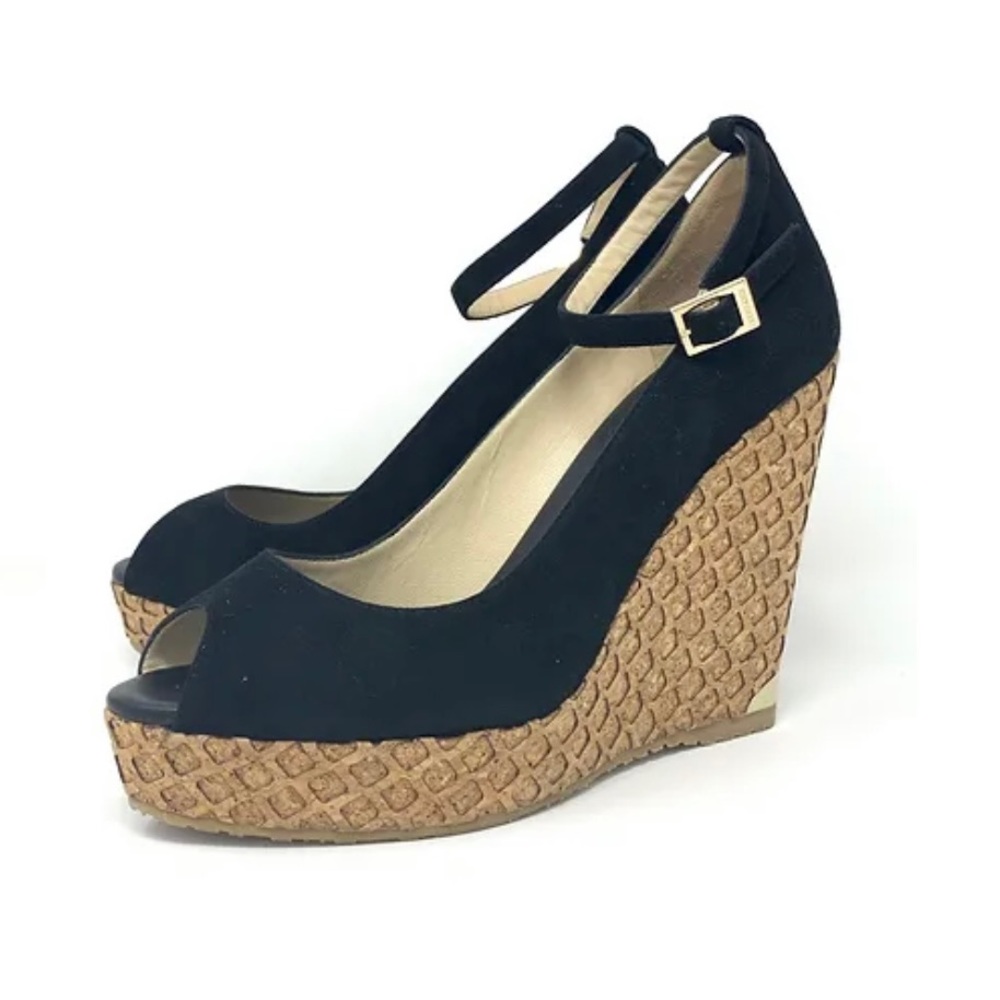 JIMMY CHOO Black Suede Ankle Strap Peep-Toe Wedge Sandals in US size 7.5